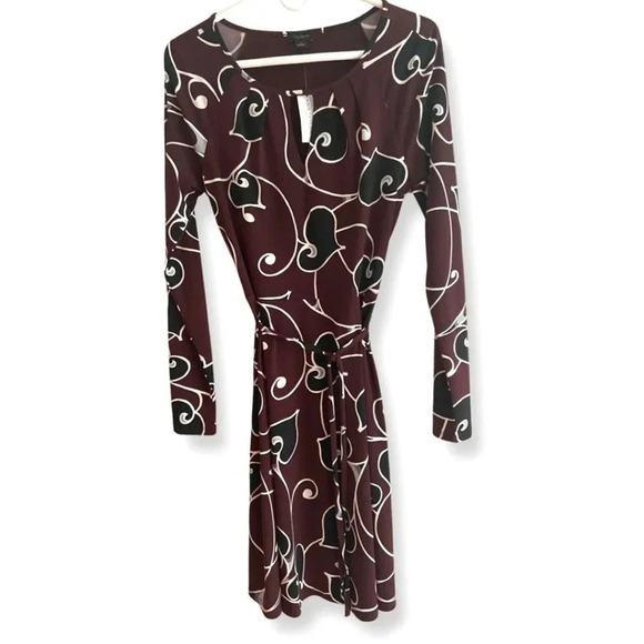 Ann Taylor Factory Small Burgundy and Black Heart Scroll Short Dress Long Sleeve - Picture 3 of 12